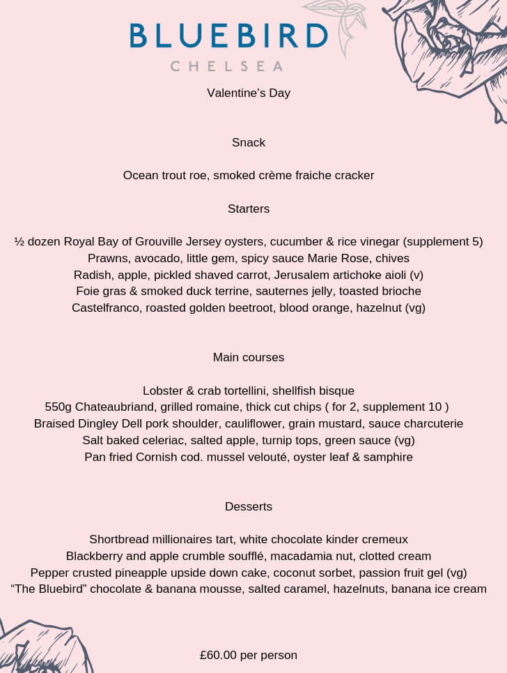 Bluebird Chelsea valentins day menu